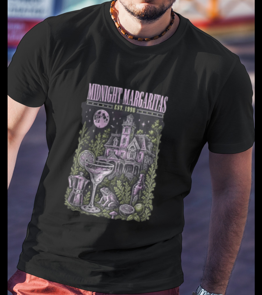 Midnight Margaritas Est 1998 Haunted Mansion Full Moon Frog Margarita Glass Lime Pestle Botanical T-Shirt