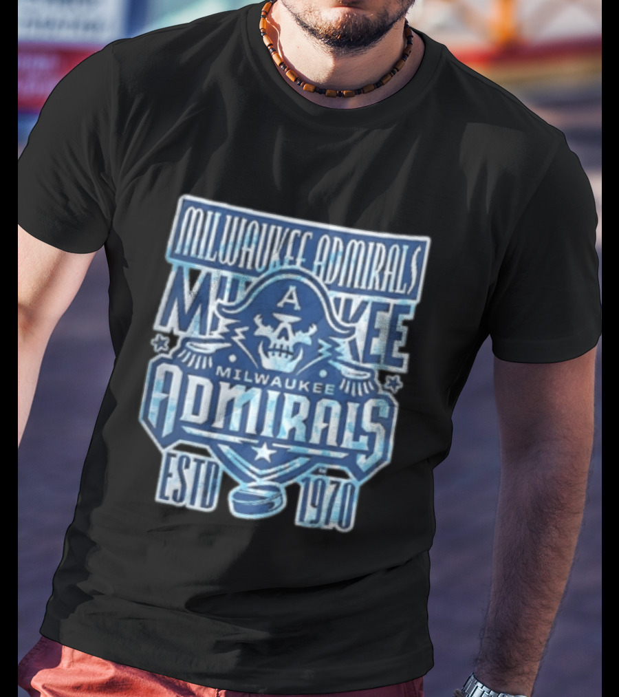 Milwaukee Admirals Estd 1970 Skull Hockey Puck Distressed Navy Blue T-Shirt
