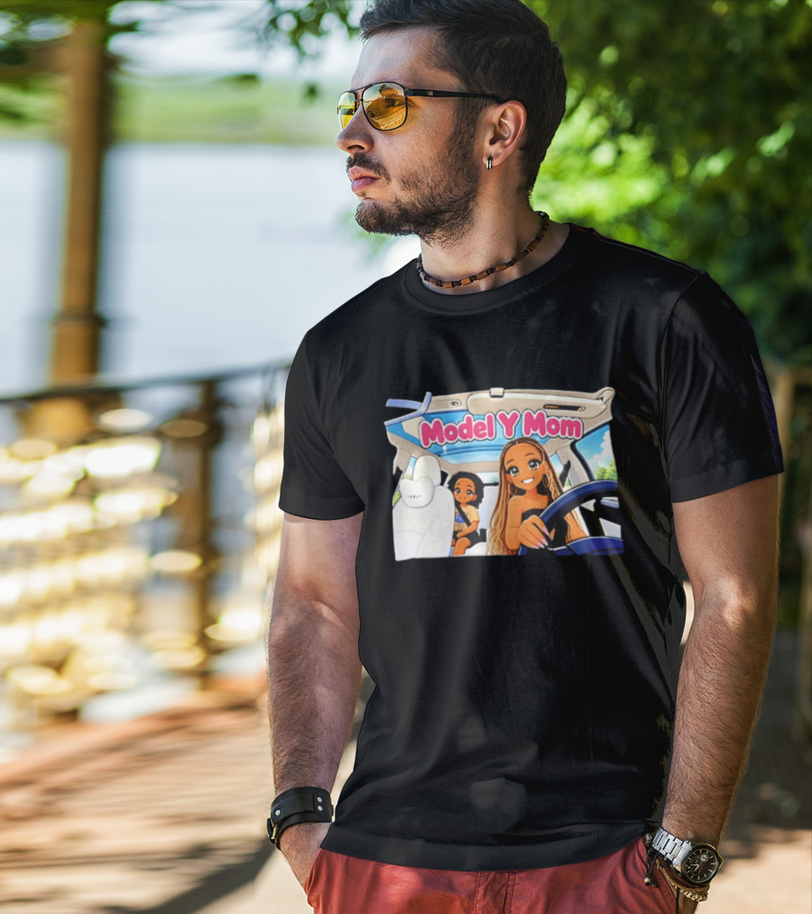 Model Y Mom Cartoon Driving Scene In Tesla T-Shirt
