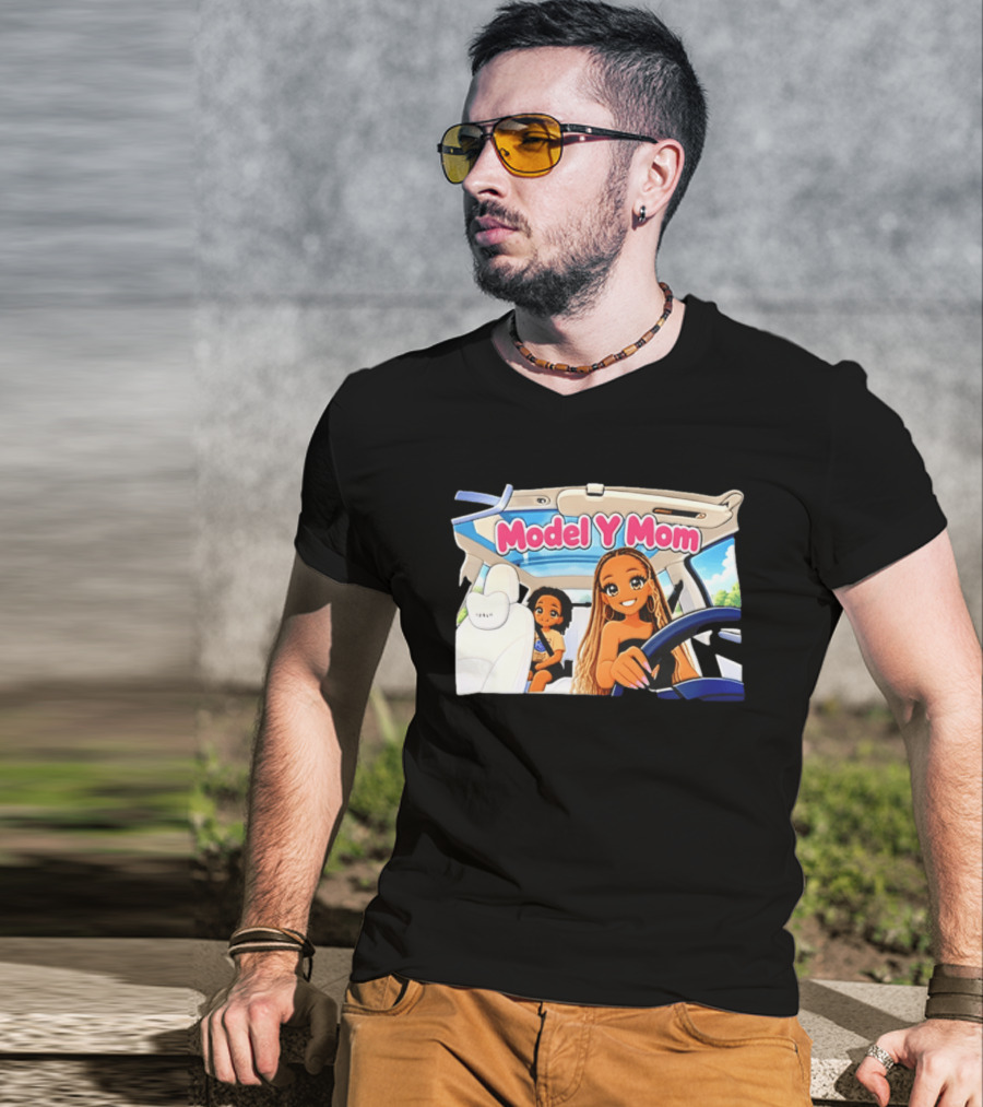 Model Y Mom Cartoon Driving Scene In Tesla T-Shirt