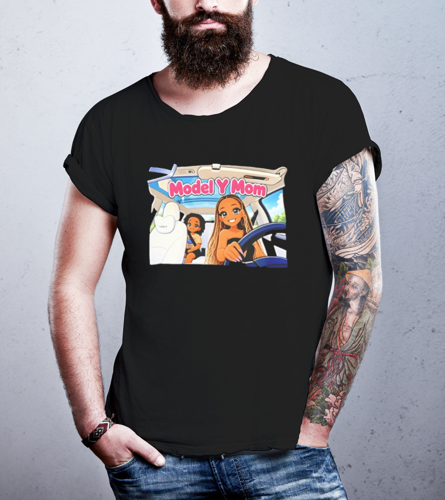 Model Y Mom Cartoon Driving Scene In Tesla T-Shirt