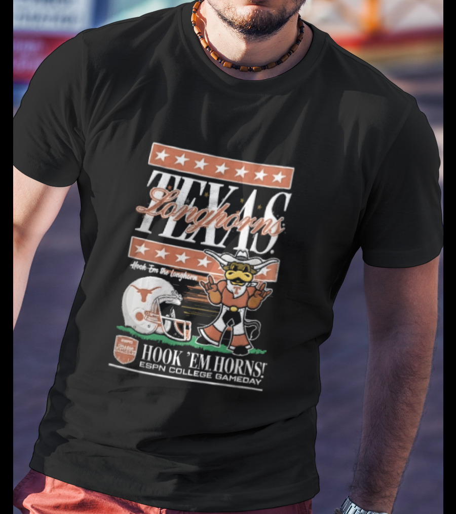 Texas Longhorns Hook Em Horns ESPN College Gameday Football Helmet Cartoon T-Shirt