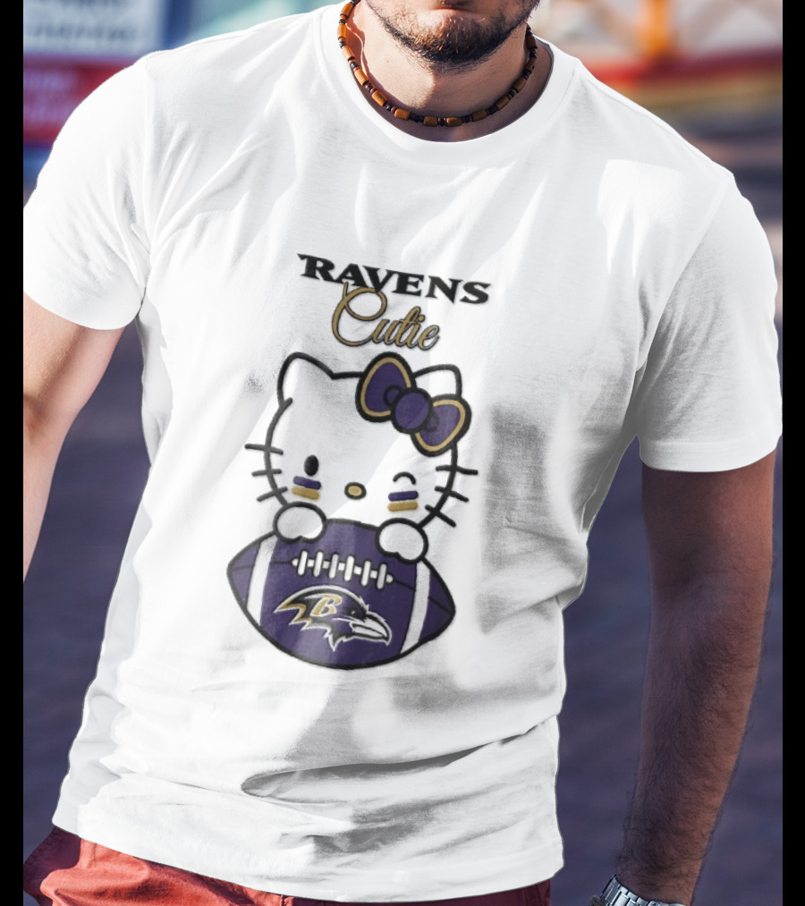 Ravens Cutie Hello Kitty Winking Holding Football T-Shirt