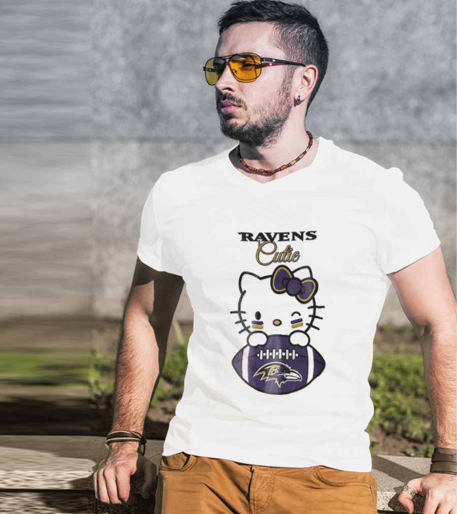 Ravens Cutie Hello Kitty Winking Holding Football T-Shirt