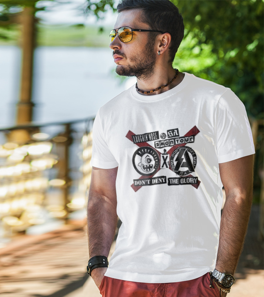 Laughin Nose SA Vs 2 Man Tour Don't Deny The Glory Punk Cartoon Face Red X Distressed Collage T-Shirt