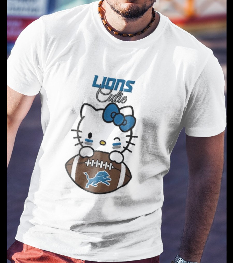 Detroit Lions Cute Cartoon Cat With Blue Bow Face Paint Football T-Shirt