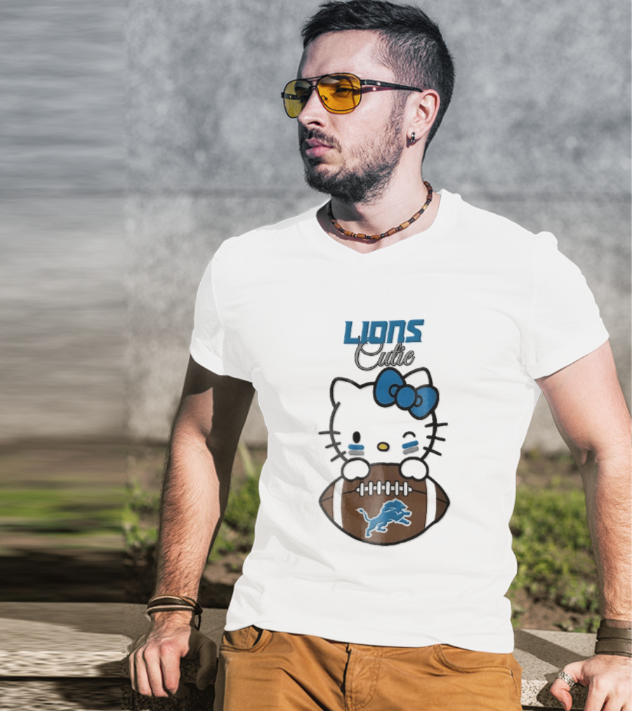 Detroit Lions Cute Cartoon Cat With Blue Bow Face Paint Football T-Shirt