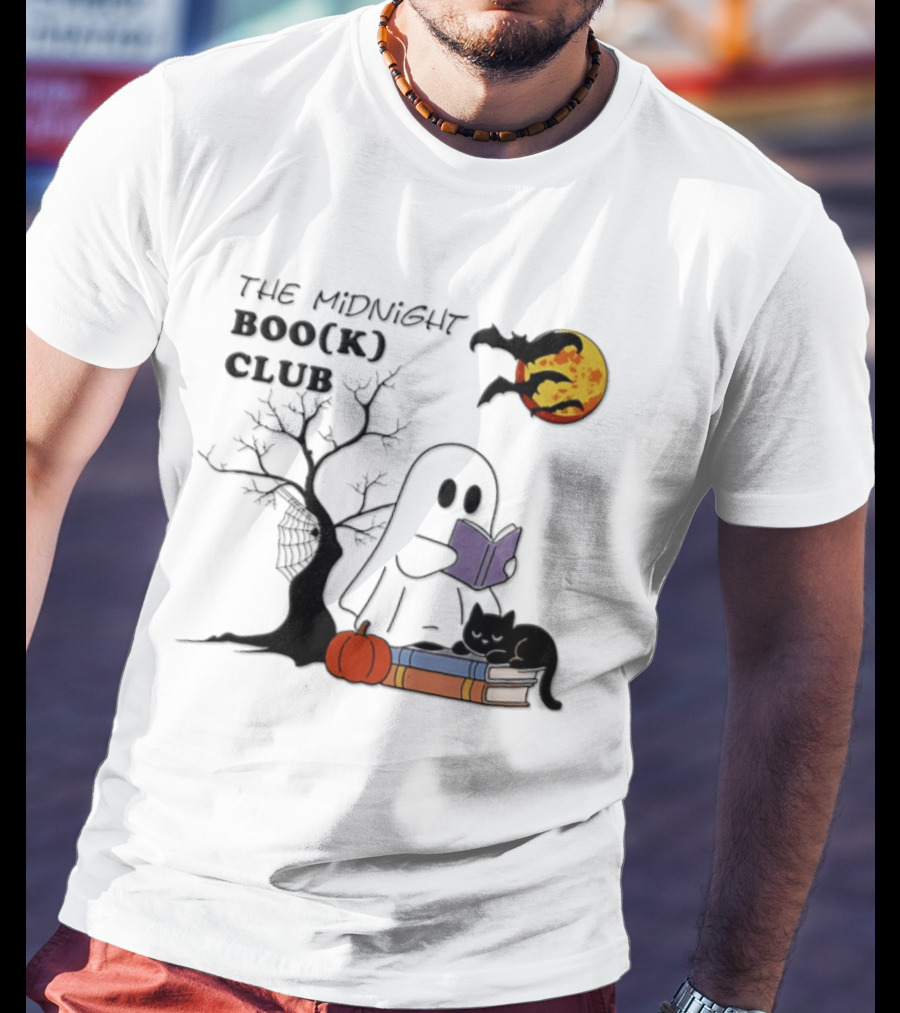 The Midnight Boo(k) Club Halloween Ghost Cat Pumpkin Moon T-Shirt