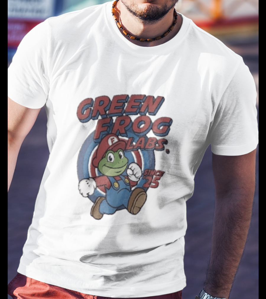 Green Frog Labs Since 25 Cartoon Running Red Cap Blue Overalls T-Shirt