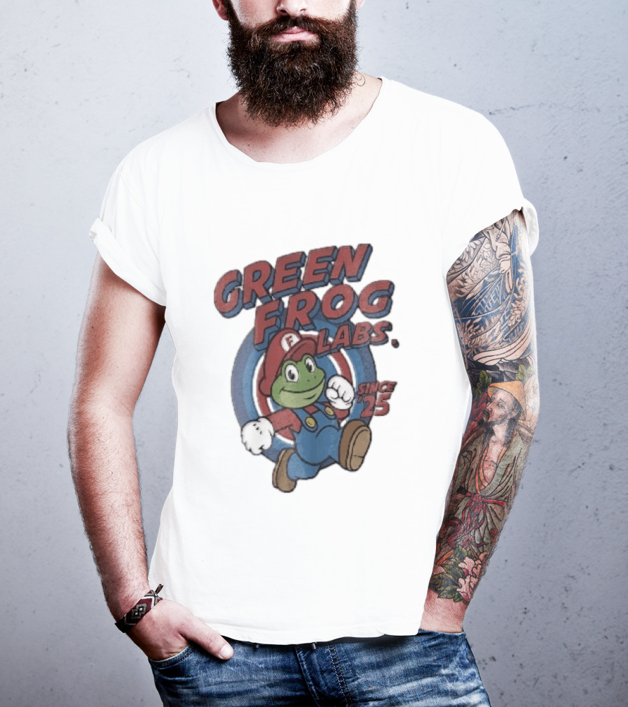 Green Frog Labs Since 25 Cartoon Running Red Cap Blue Overalls T-Shirt