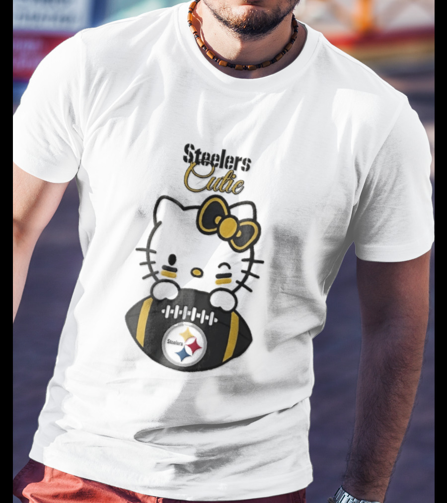 Steelers Cutie Winking Cartoon Cat Bow Football T-Shirt