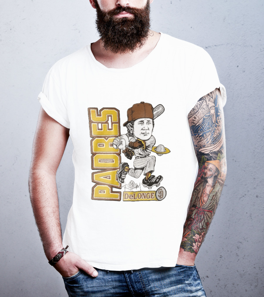 San Diego Padres DeLonge Cartoon Caricature Batter With Orbit Baseball T-Shirt