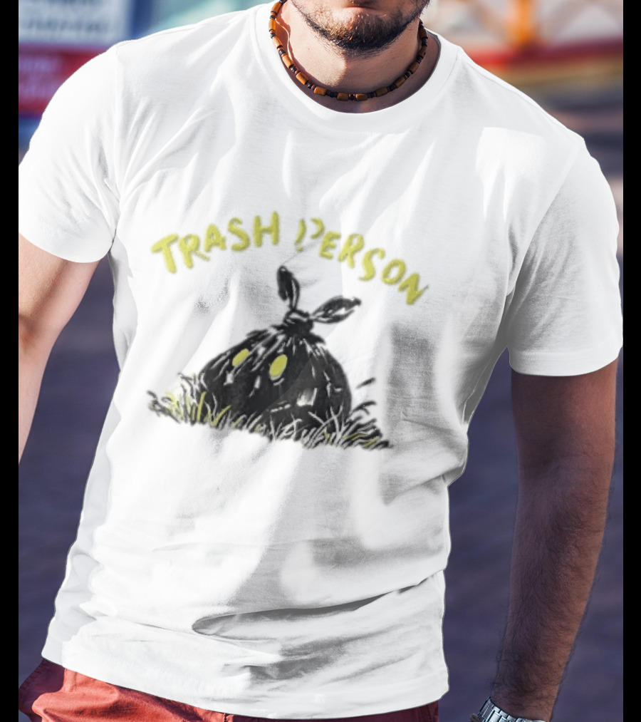 Trash Person Black Bag Creature Glowing Yellow Eyes Grass Monster T-Shirt