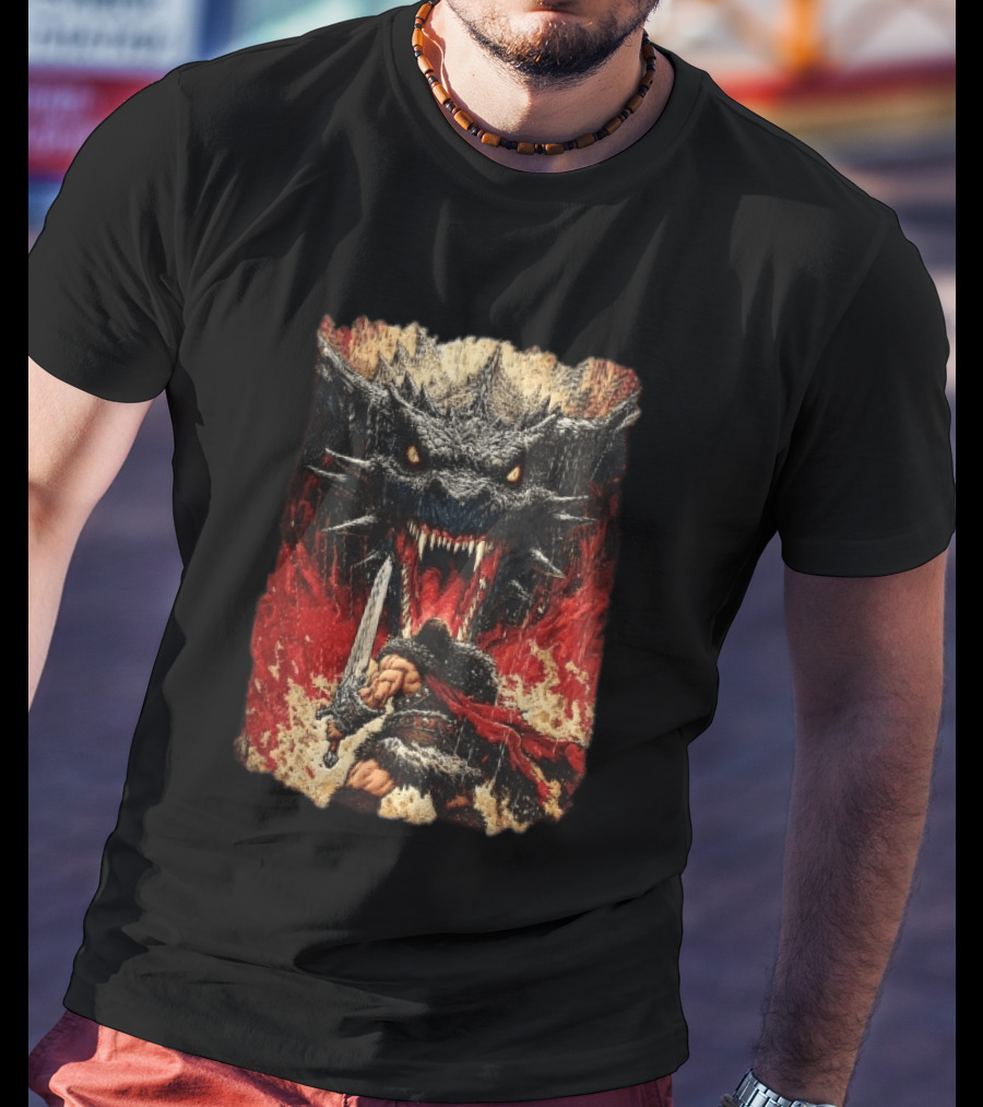 Barbarian Warrior Sword Battle Roaring Dragon Fiery Flames Art Ink Line T-Shirt
