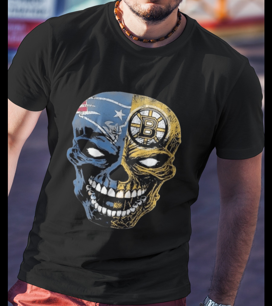 Boston Sports Skull New England Patriots Boston Bruins Fan Fusion T-Shirt