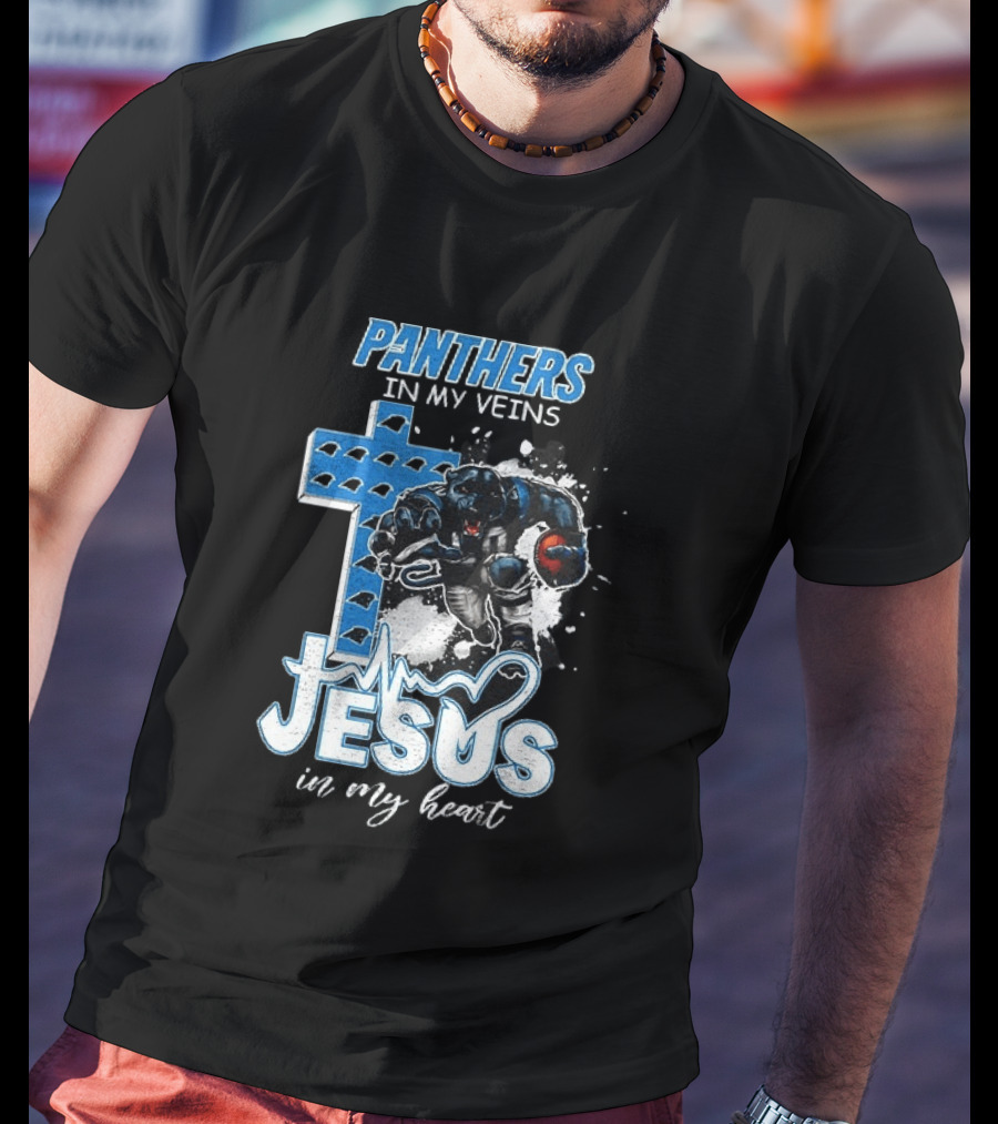 Panthers In My Veins Jesus In My Heart Carolina Football Athlete Cross T-Shirt