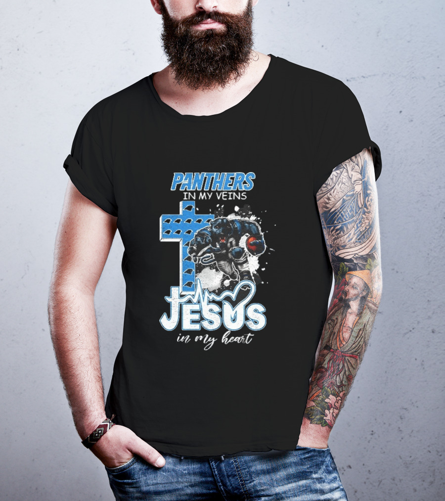 Panthers In My Veins Jesus In My Heart Carolina Football Athlete Cross T-Shirt