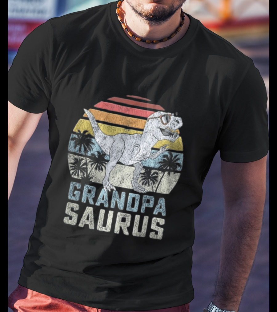 Grandpa Saurus Dinosaur Sunglasses Sunset Palms T-Shirt