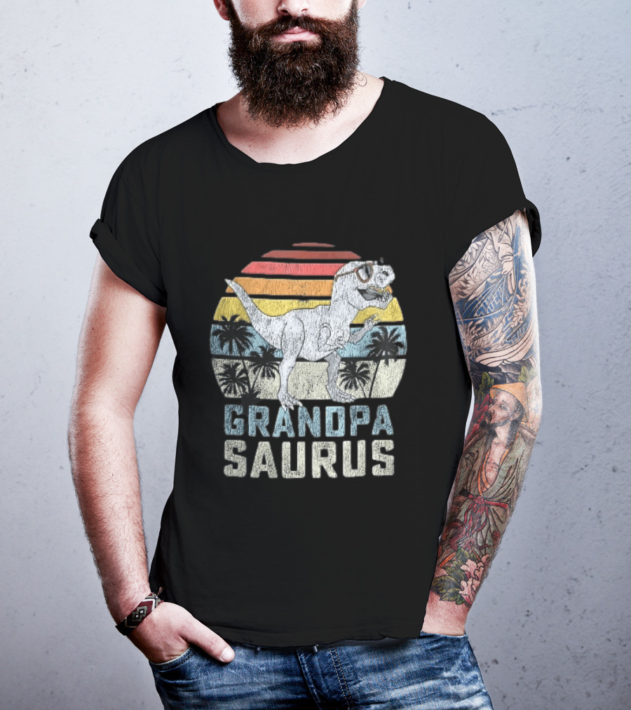 Grandpa Saurus Dinosaur Sunglasses Sunset Palms T-Shirt