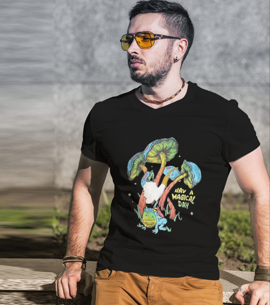 Have A Magical Day Colorful Mushrooms And Frog Pipe Cartoon T-Shirt