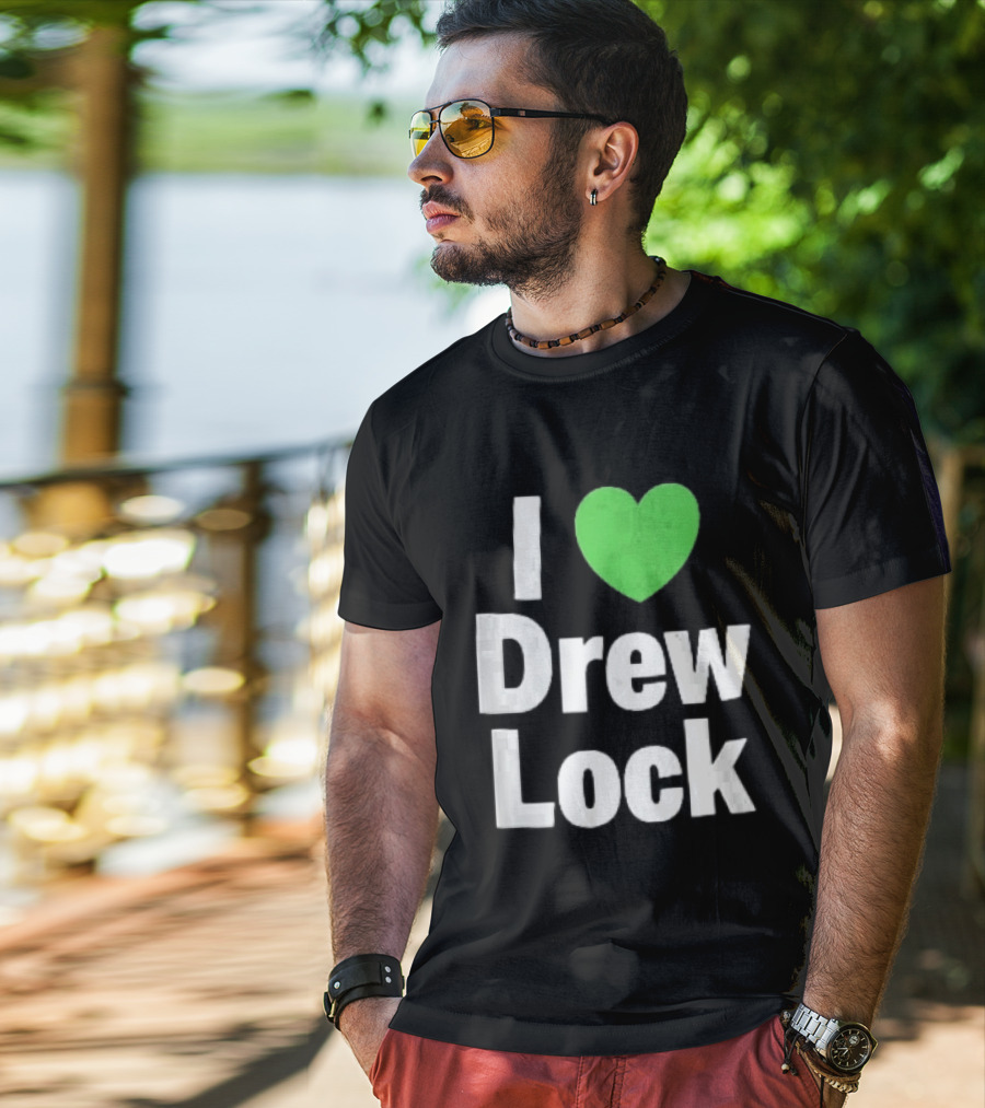 I Love Drew Lock Green Heart Silver White Gradient Letters T-Shirt