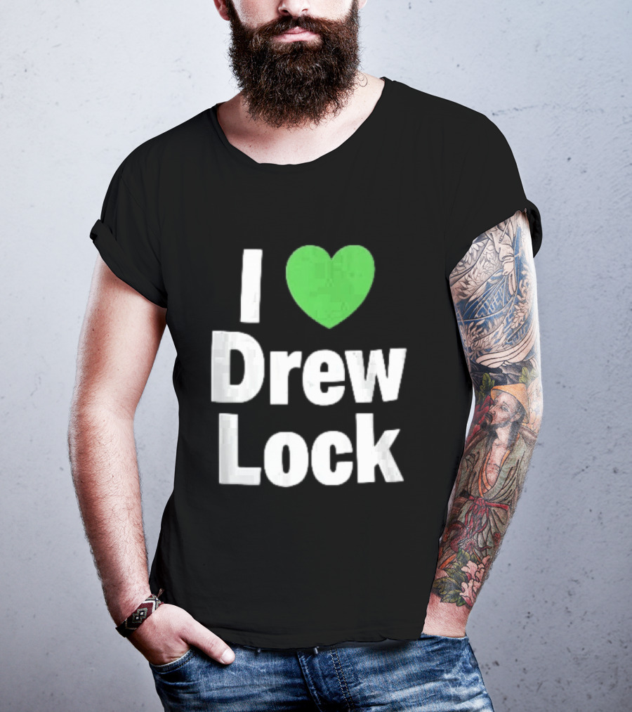 I Love Drew Lock Green Heart Silver White Gradient Letters T-Shirt