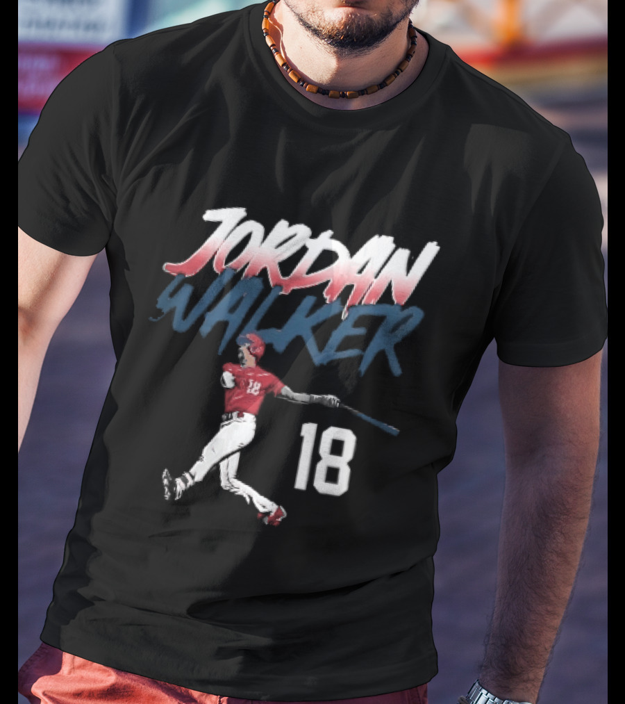 Jordan Walker 18 Baseball Red Uniform Swinging Bat Brush Lettering T-Shirt