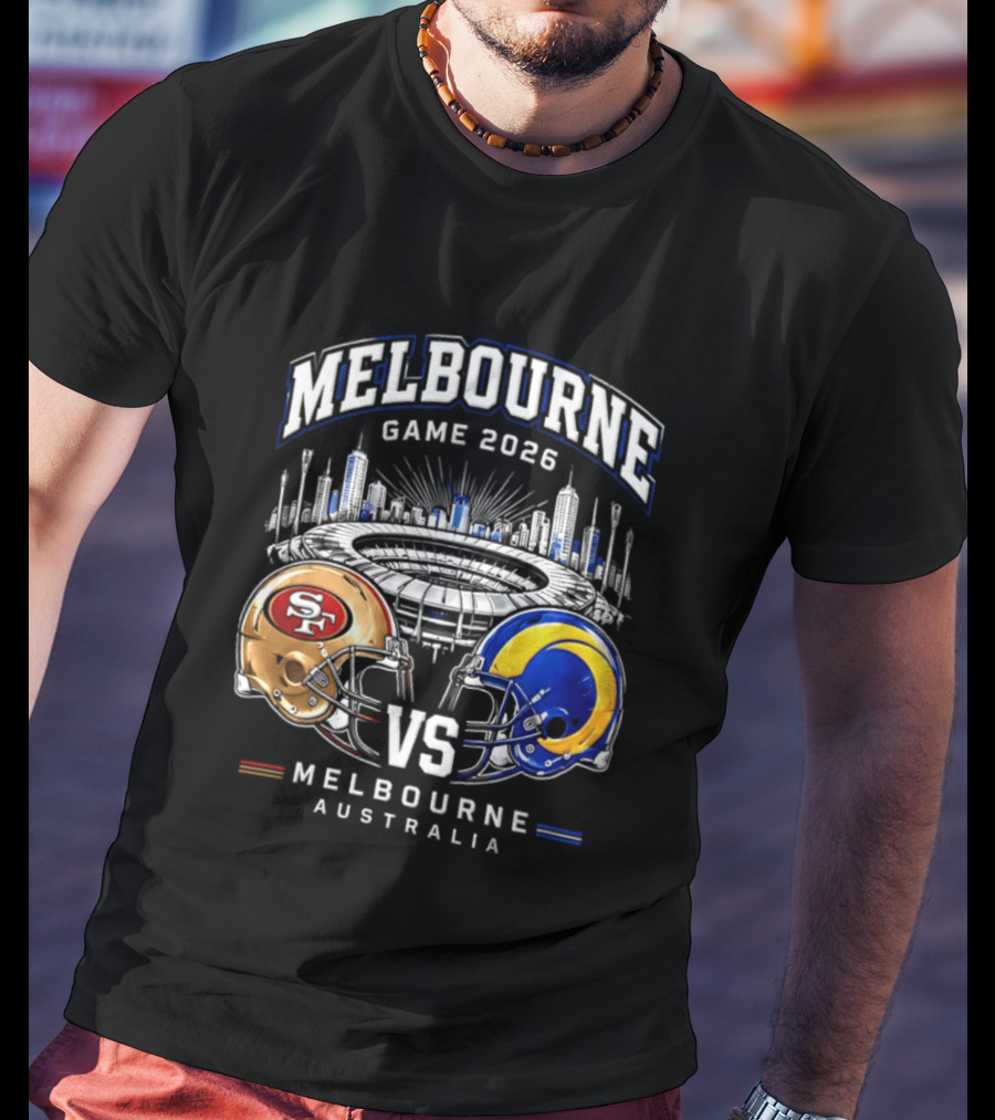 Melbourne Game 2026 San Francisco 49ers Vs Los Angeles Rams Australia Helmets T-Shirt
