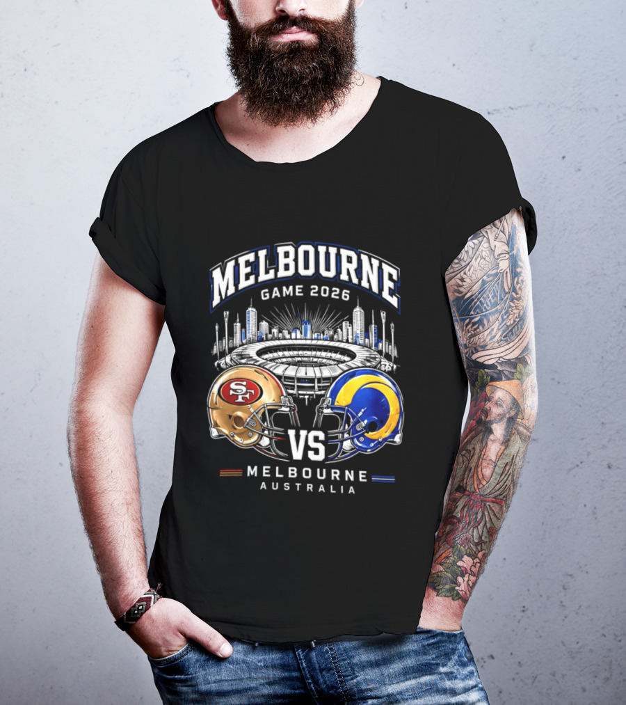 Melbourne Game 2026 San Francisco 49ers Vs Los Angeles Rams Australia Helmets T-Shirt