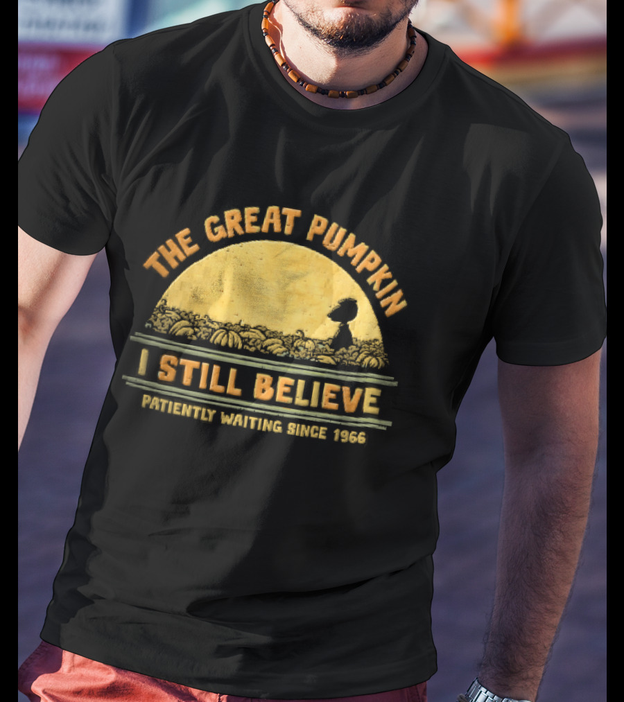The Great Pumpkin I Still Believe Patiently Waiting Since 1966 Yellow Moon Snoopy Silhouette Distressed T-Shirt