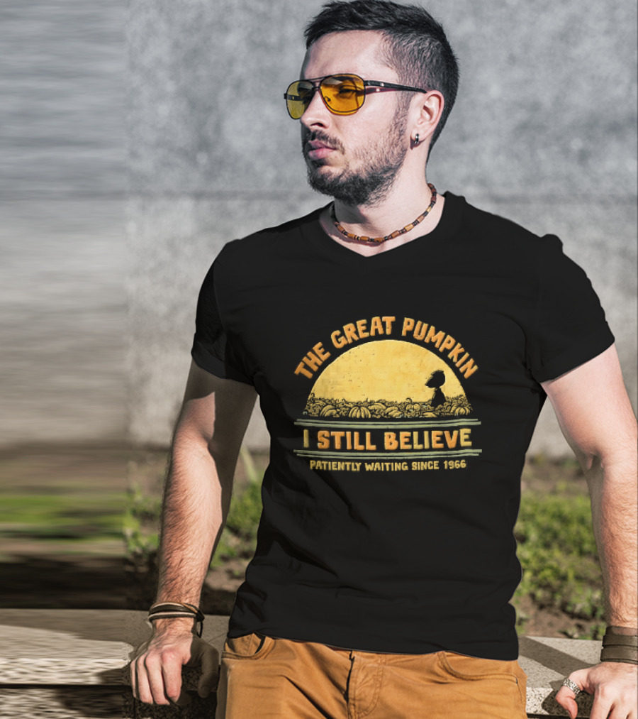 The Great Pumpkin I Still Believe Patiently Waiting Since 1966 Yellow Moon Snoopy Silhouette Distressed T-Shirt