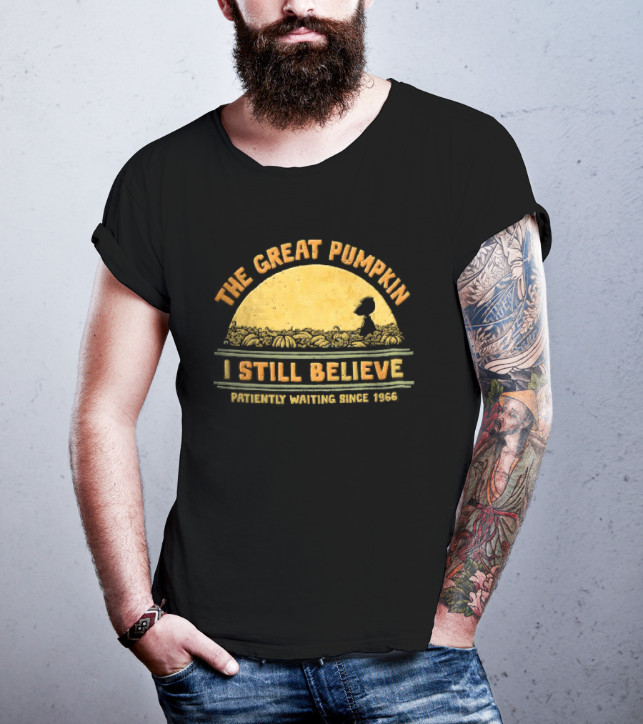The Great Pumpkin I Still Believe Patiently Waiting Since 1966 Yellow Moon Snoopy Silhouette Distressed T-Shirt