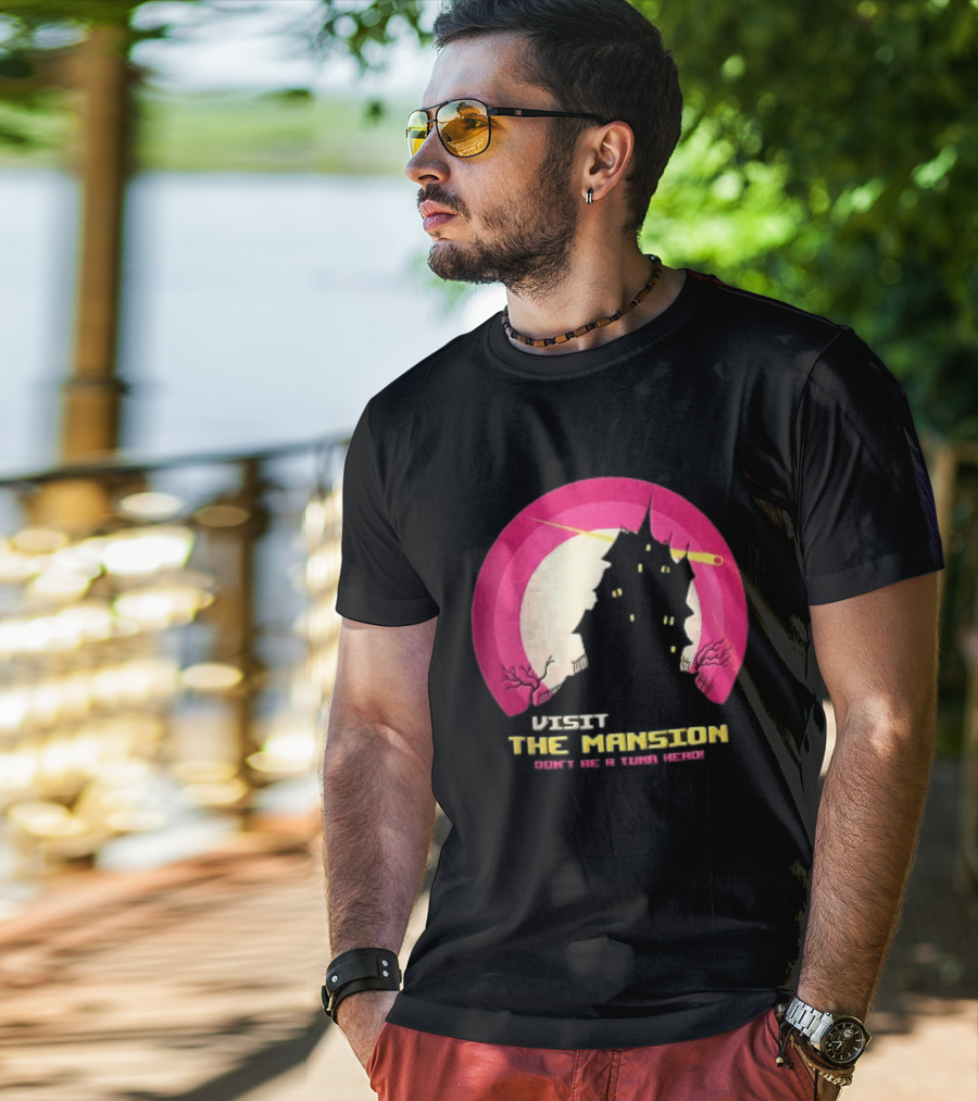 Visit The Mansion Don't Be A Tuna Head Pixel Spooky House Moon Skeleton Trees Yellow Meteor T-Shirt
