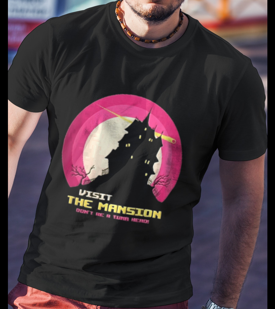 Visit The Mansion Don't Be A Tuna Head Pixel Spooky House Moon Skeleton Trees Yellow Meteor T-Shirt