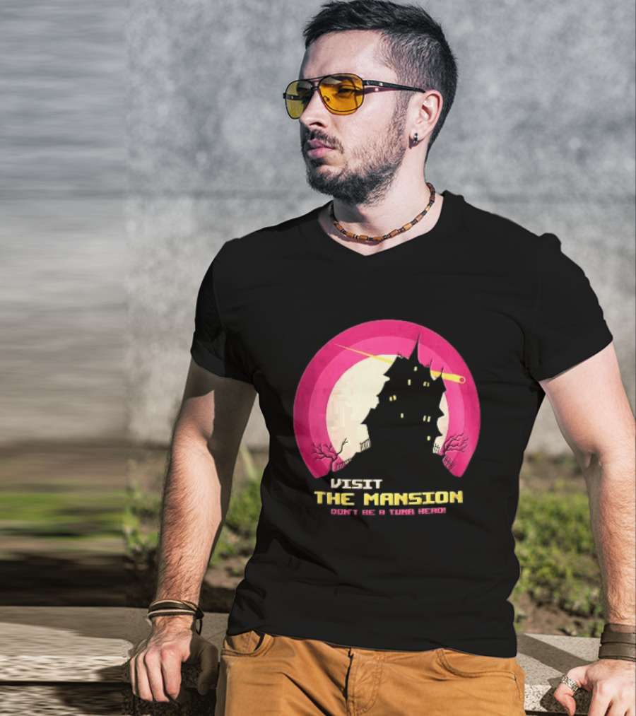Visit The Mansion Don't Be A Tuna Head Pixel Spooky House Moon Skeleton Trees Yellow Meteor T-Shirt