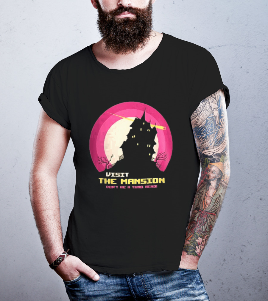Visit The Mansion Don't Be A Tuna Head Pixel Spooky House Moon Skeleton Trees Yellow Meteor T-Shirt