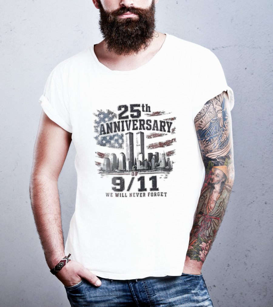 25th Anniversary 9 11 We Will Never Forget New York Skyline Twin Towers Distressed American Flag T-Shirt