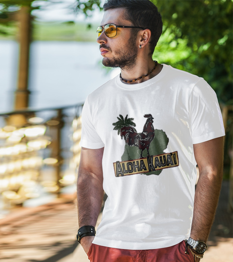 Aloha Kauai Red Rooster Palm Tree Island Map T-Shirt