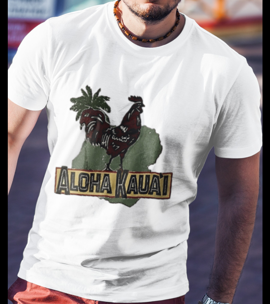 Aloha Kauai Red Rooster Palm Tree Island Map T-Shirt
