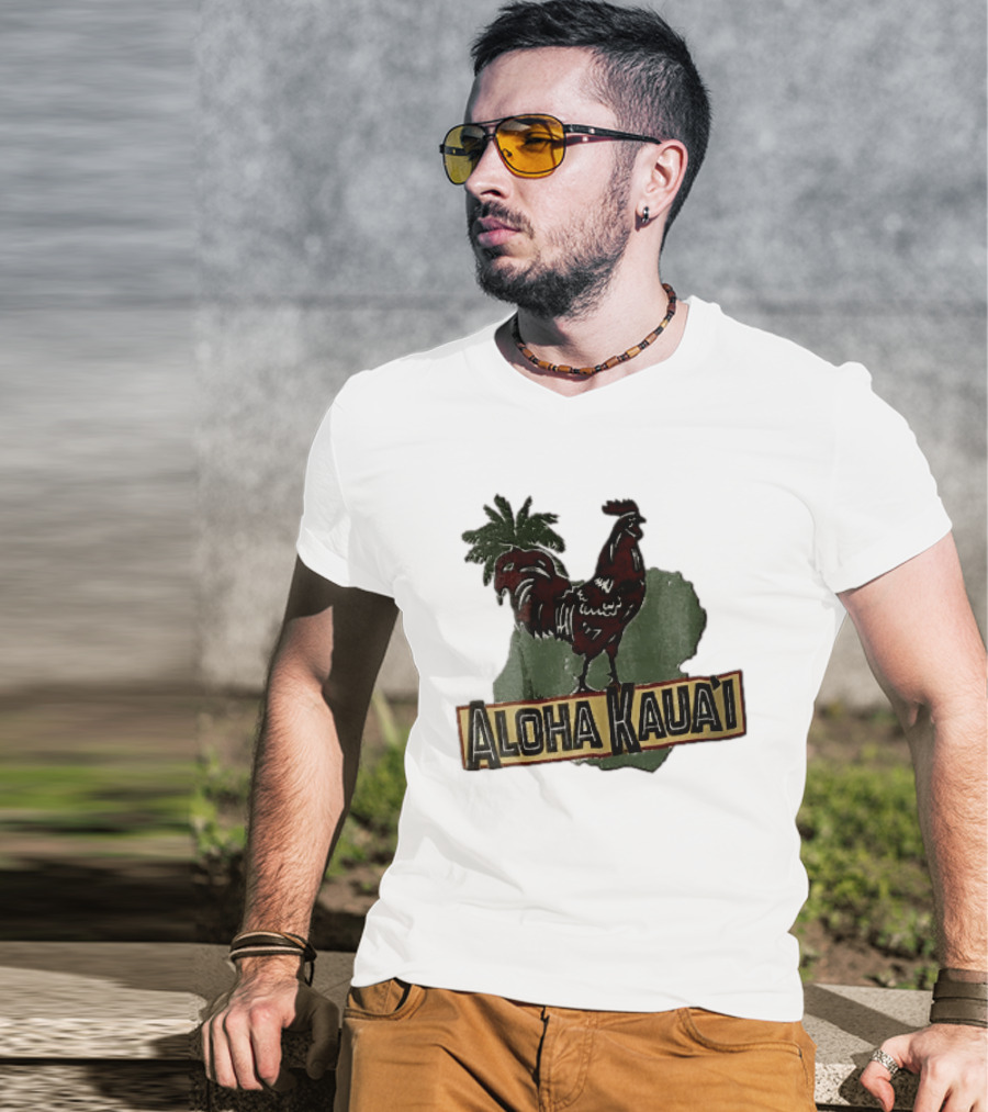 Aloha Kauai Red Rooster Palm Tree Island Map T-Shirt