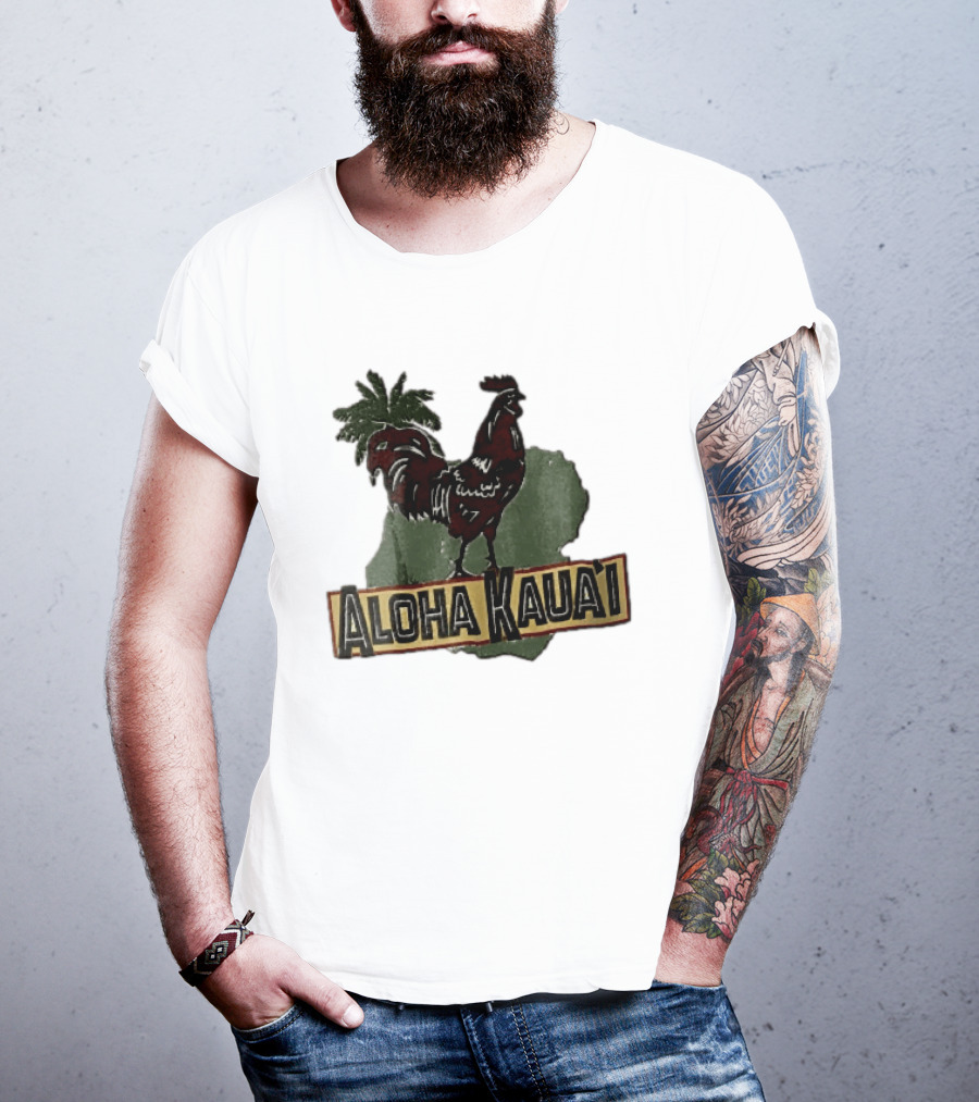 Aloha Kauai Red Rooster Palm Tree Island Map T-Shirt