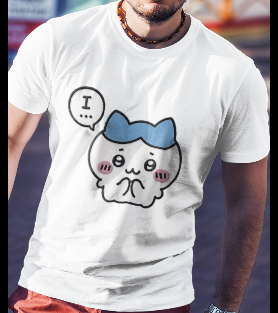 Shy White Cat With Blue Ears Blushing Expression Speech Bubble Text I T-Shirt
