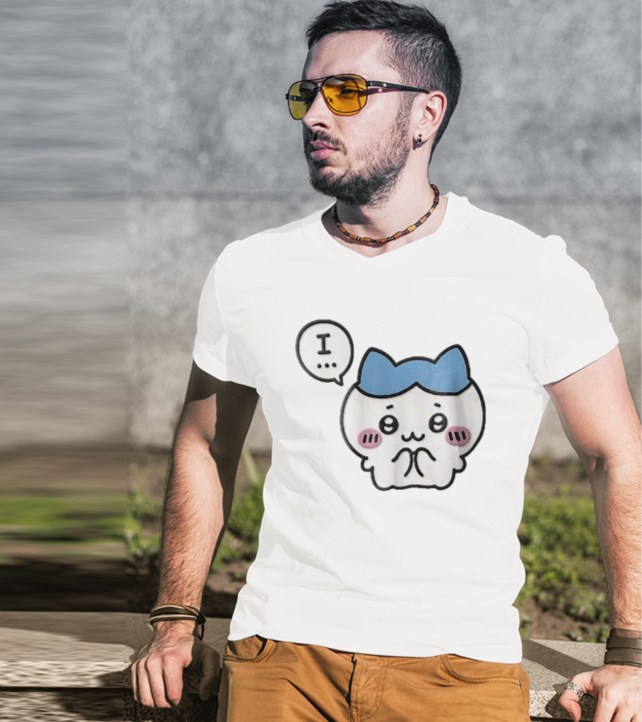Shy White Cat With Blue Ears Blushing Expression Speech Bubble Text I T-Shirt