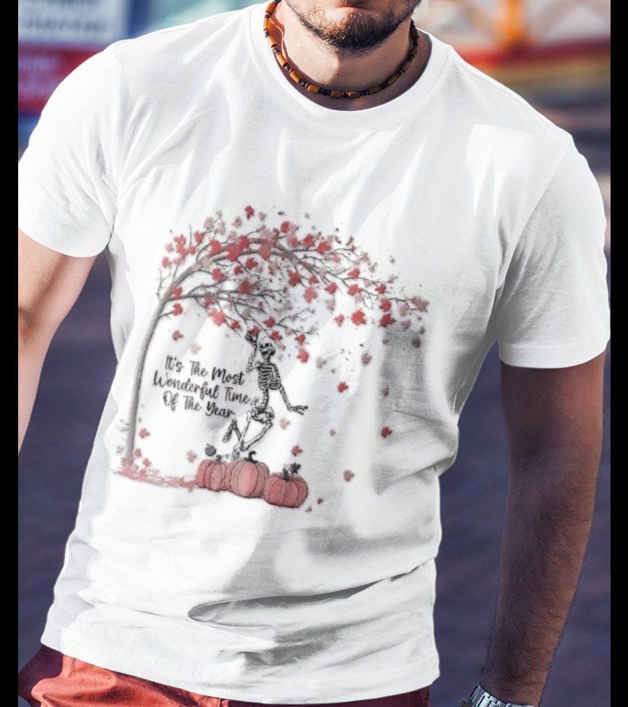 It's The Most Wonderful Time Of Year Dancing Skeleton Autumn Tree Pumpkins T-Shirt