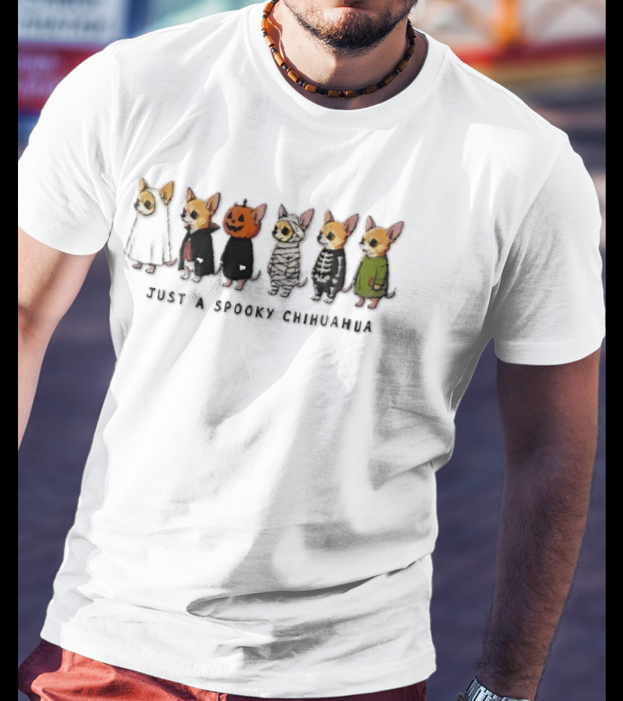 Just A Spooky Chihuahua Cartoon Dogs In Halloween Costumes Ghost Pumpkin Mummy Skeleton Monster T-Shirt