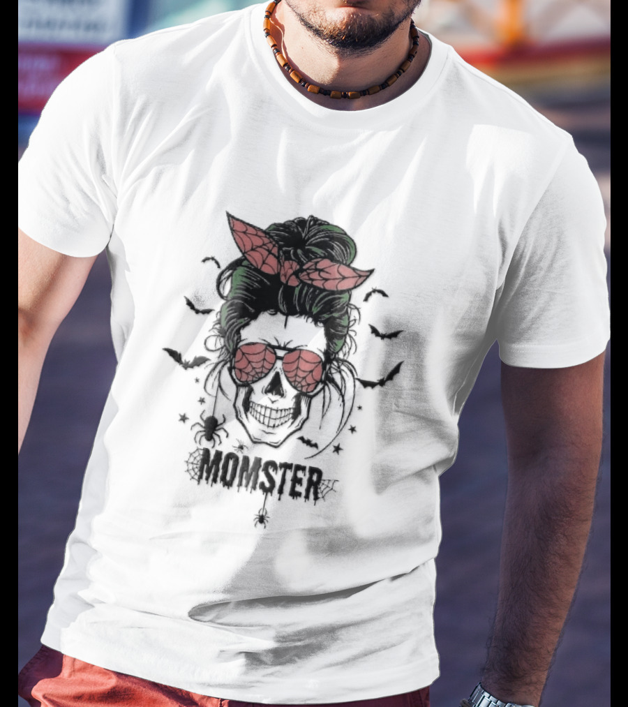 Momster Cartoon Skull Green Messy Bun Spiderweb Glasses T-Shirt