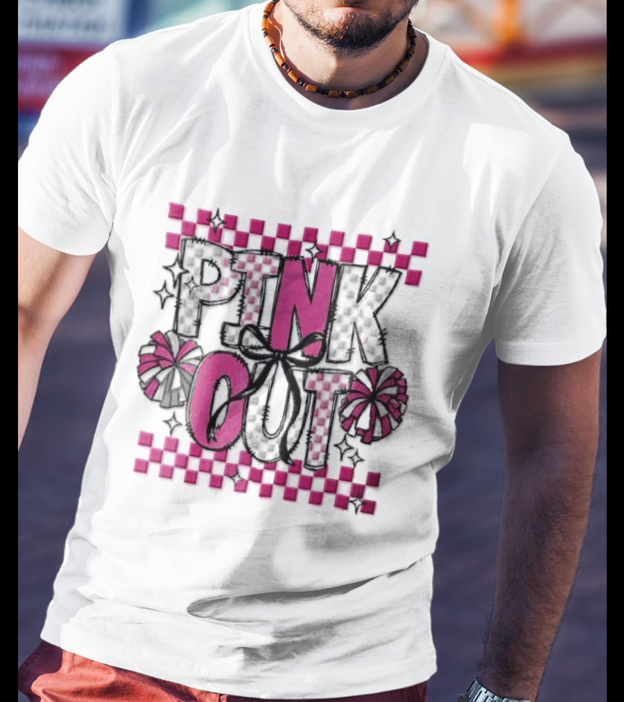 Pink Out Checkerboard Cheerleader Pom Poms Black Ribbon Bow Sparkles T-Shirt