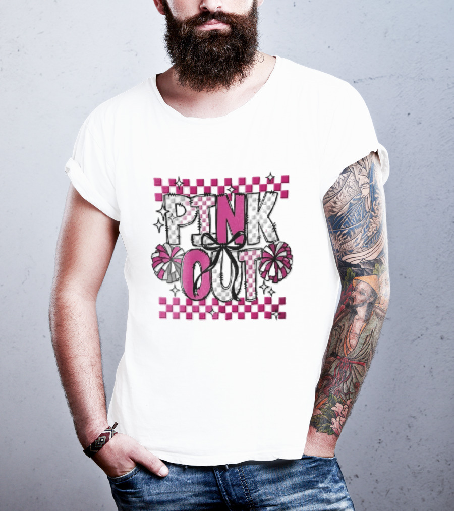 Pink Out Checkerboard Cheerleader Pom Poms Black Ribbon Bow Sparkles T-Shirt