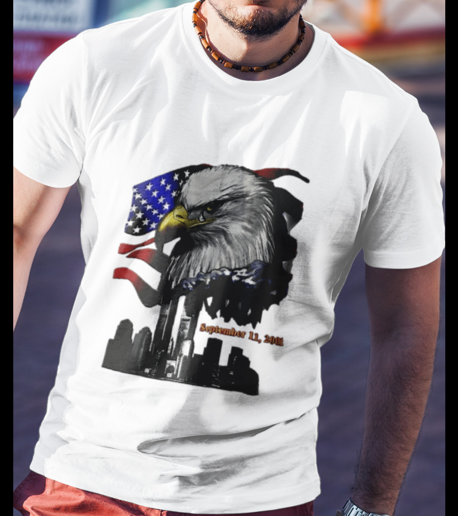 September 11 2001 Twin Towers New York Skyline Crying Bald Eagle American Flag T-Shirt
