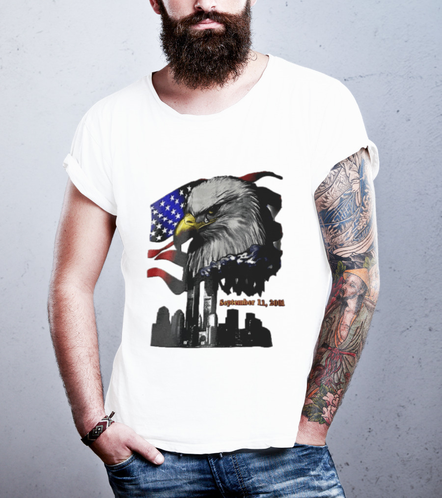 September 11 2001 Twin Towers New York Skyline Crying Bald Eagle American Flag T-Shirt